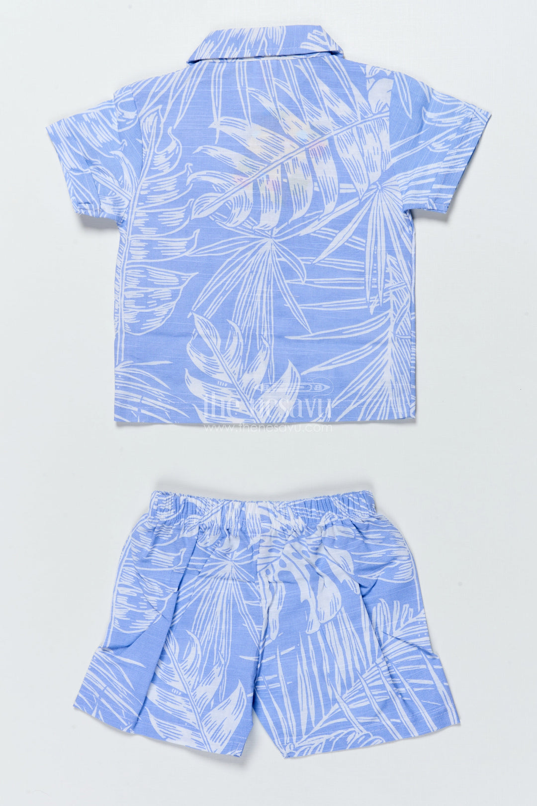 The Nesavu Boys Casual Set Boys Cotton Co-Ord Set with Leaf Print for Summer Play and Holidays Nesavu Nesavu boys cotton co-ord set tropical print  perfect summer outings holidays