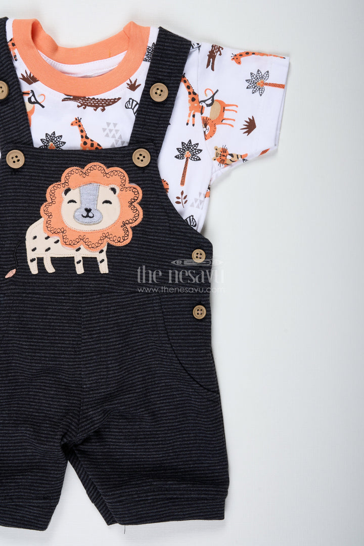 The Nesavu Boys Casual Set Boys Cotton Corduroy Orange Casual Dress with Lion Appliqué and Printed Tee for Bold Everyday Style Nesavu Nesavu Boys Orange Casual Dress Cotton Corduroy Lion Patch Animal Printed Tee Everyday Adventures