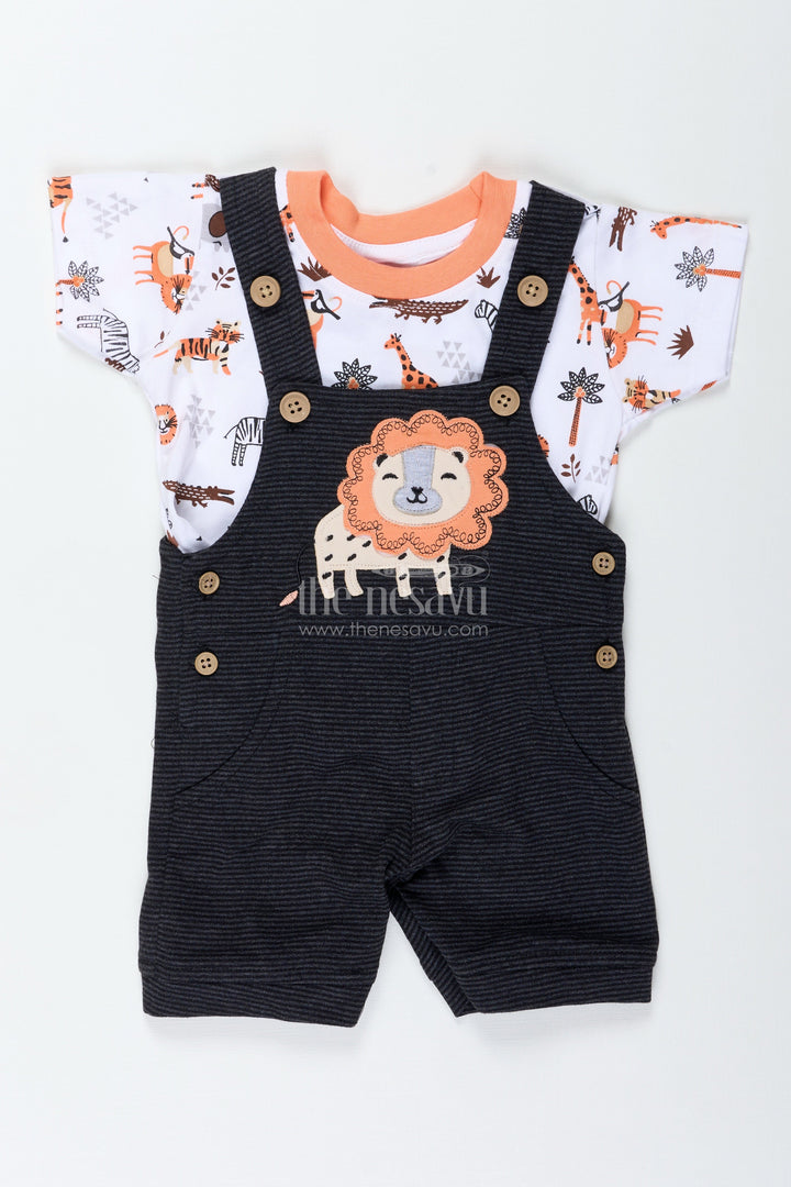 The Nesavu Boys Casual Set Boys Cotton Corduroy Orange Casual Dress with Lion Appliqué and Printed Tee for Bold Everyday Style Nesavu Nesavu Boys Orange Casual Dress Cotton Corduroy Lion Patch Animal Printed Tee Everyday Adventures
