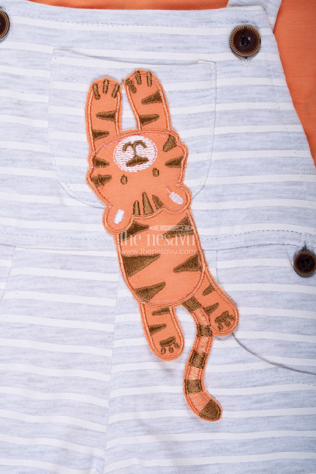 The Nesavu Boys Casual Set Boys Cotton Cute Casual Orange Dress with Striped Dungaree and Soft Tiger Embellishment Nesavu Nesavu Boys Cotton Cute Casual Orange Dress Tiger Embellishment Striped Dungaree