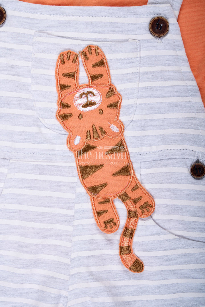 The Nesavu Boys Casual Set Boys Cotton Cute Casual Orange Dress with Striped Dungaree and Soft Tiger Embellishment Nesavu Nesavu Boys Cotton Cute Casual Orange Dress Tiger Embellishment Striped Dungaree