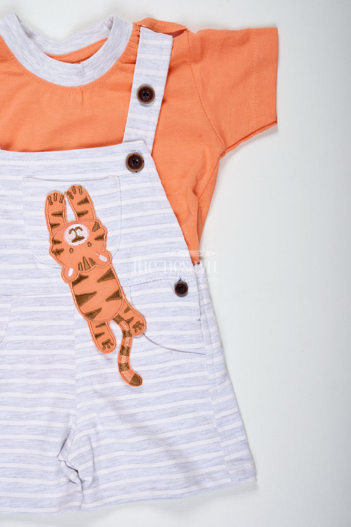 The Nesavu Boys Casual Set Boys Cotton Cute Casual Orange Dress with Striped Dungaree and Soft Tiger Embellishment Nesavu Nesavu Boys Cotton Cute Casual Orange Dress Tiger Embellishment Striped Dungaree