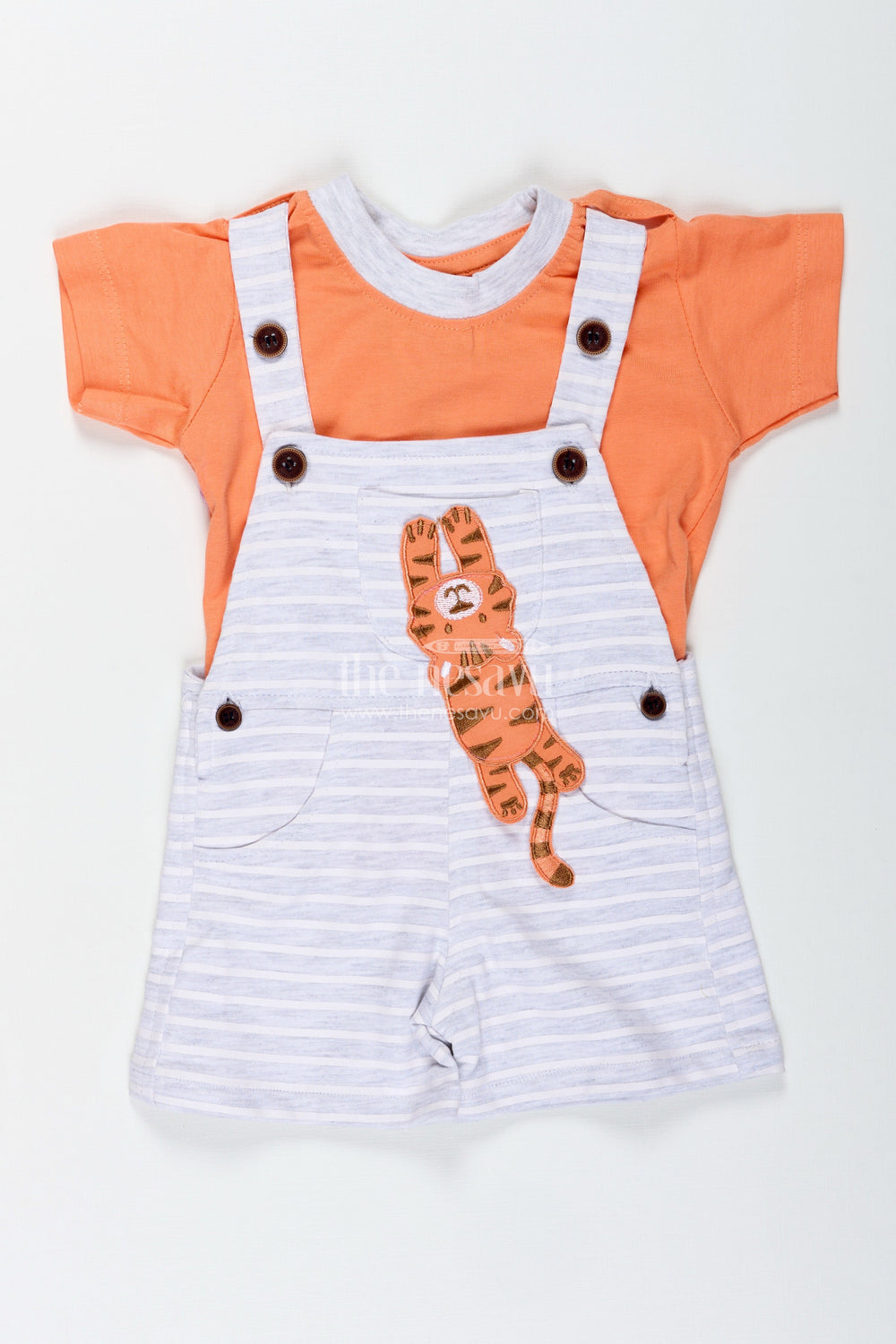 The Nesavu Boys Casual Set Boys Cotton Cute Casual Orange Dress with Striped Dungaree and Soft Tiger Embellishment Nesavu Nesavu Boys Cotton Cute Casual Orange Dress Tiger Embellishment Striped Dungaree