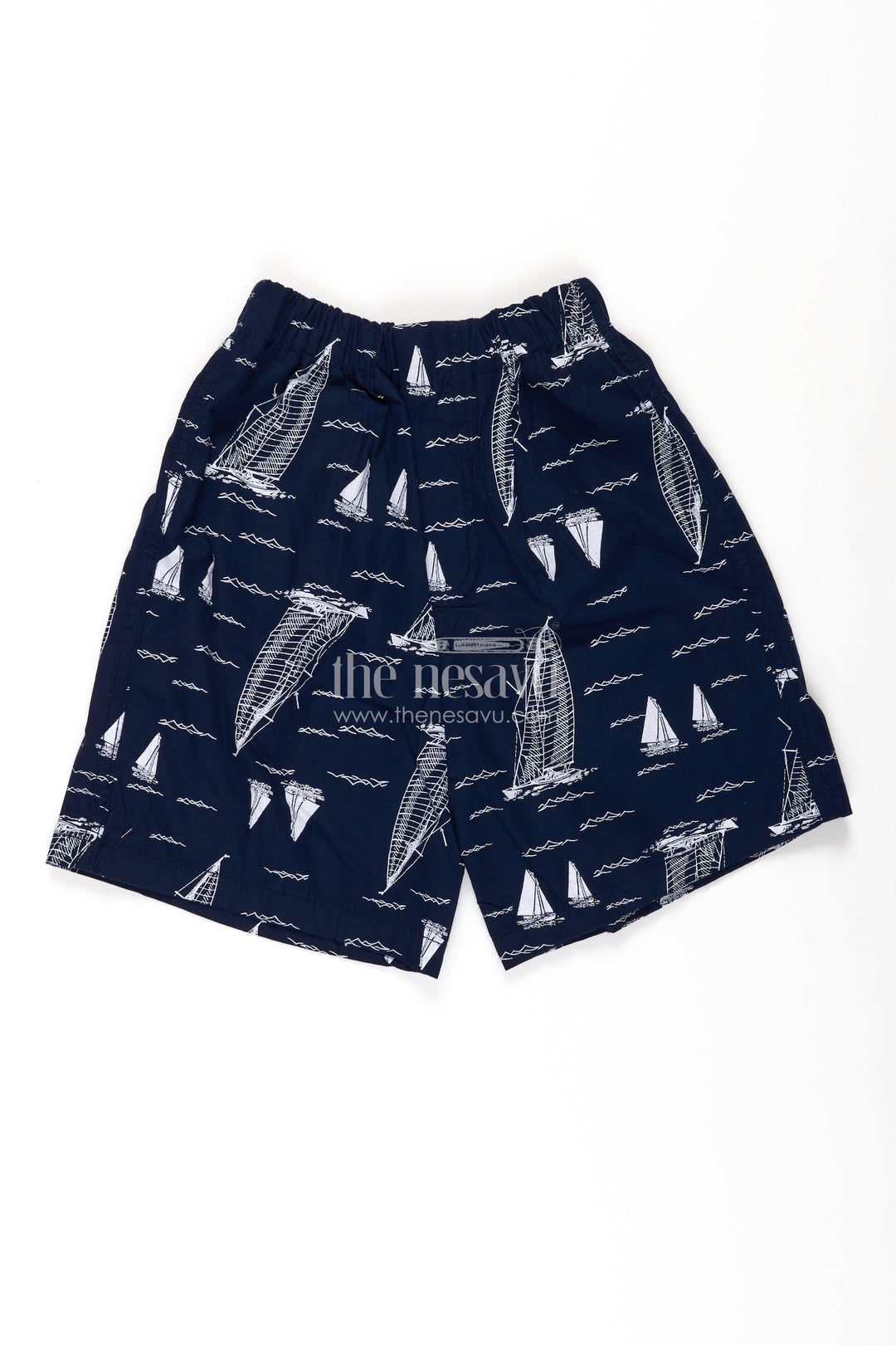 The Nesavu Boys Shorts Boys Cotton Dark Blue Shorts with White Sailboat Print and Stretch Waist for Breezy Comfort Nesavu 18 (2Y) / Blue BWS056A-18 Nesavu Boys Dark Blue Cotton Shorts Sailboat Print Relaxed Fit All Day Comfort