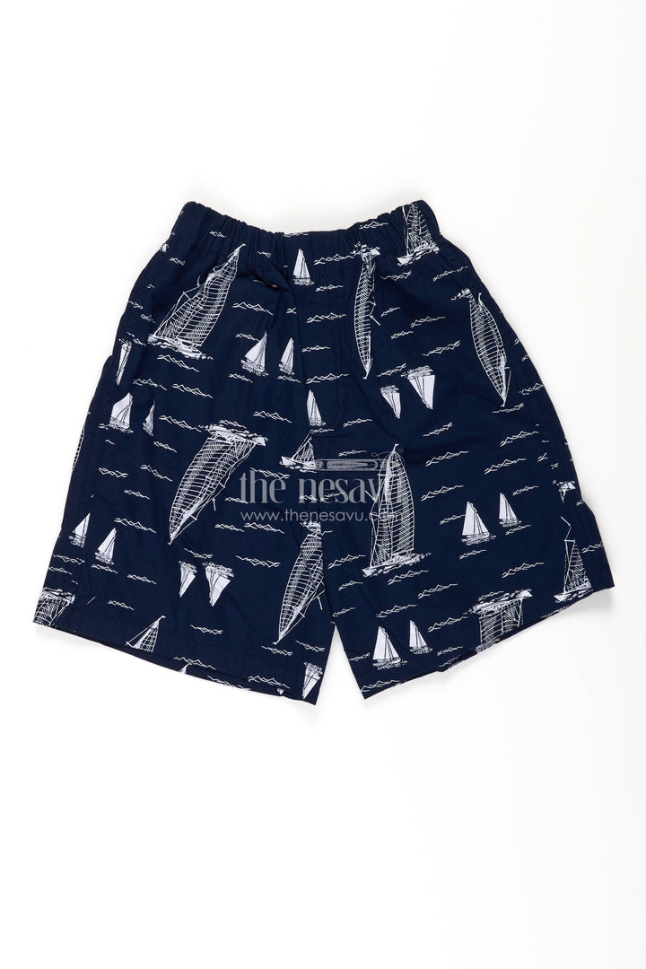 The Nesavu Boys Shorts Boys Cotton Dark Blue Shorts with White Sailboat Print and Stretch Waist for Breezy Comfort Nesavu 18 (2Y) / Blue BWS056A-18 Nesavu Boys Dark Blue Cotton Shorts Sailboat Print Relaxed Fit All Day Comfort