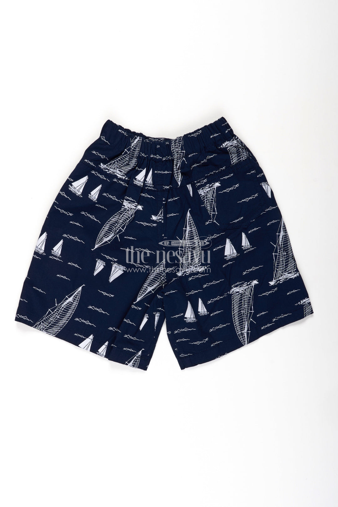 The Nesavu Boys Shorts Boys Cotton Dark Blue Shorts with White Sailboat Print and Stretch Waist for Breezy Comfort Nesavu Nesavu Boys Dark Blue Cotton Shorts Sailboat Print Relaxed Fit All Day Comfort