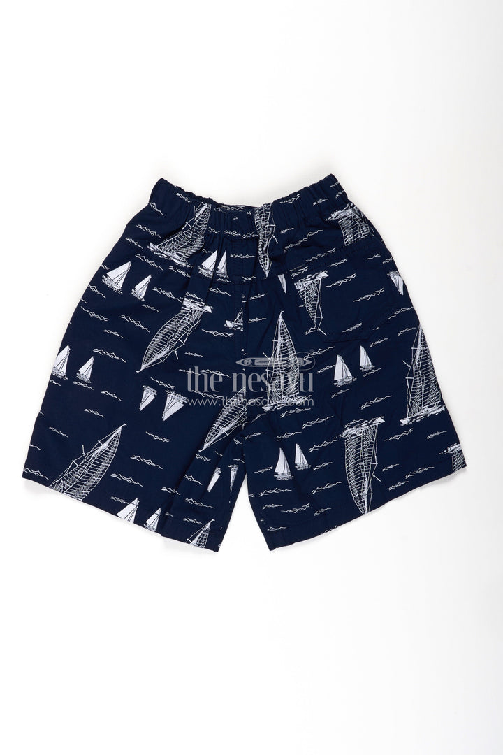 The Nesavu Boys Shorts Boys Cotton Dark Blue Shorts with White Sailboat Print and Stretch Waist for Breezy Comfort Nesavu Nesavu Boys Dark Blue Cotton Shorts Sailboat Print Relaxed Fit All Day Comfort