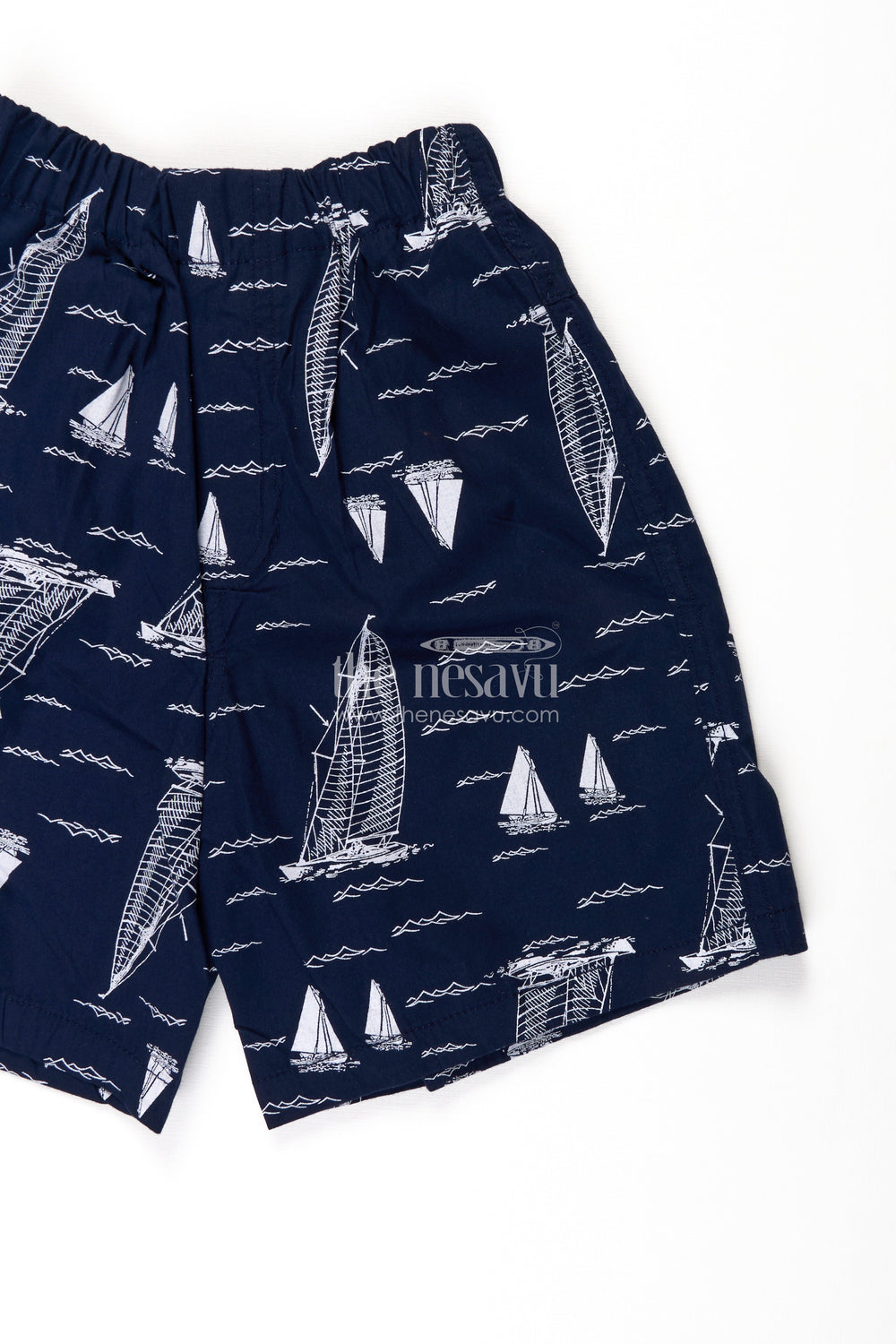 The Nesavu Boys Shorts Boys Cotton Dark Blue Shorts with White Sailboat Print and Stretch Waist for Breezy Comfort Nesavu Nesavu Boys Dark Blue Cotton Shorts Sailboat Print Relaxed Fit All Day Comfort