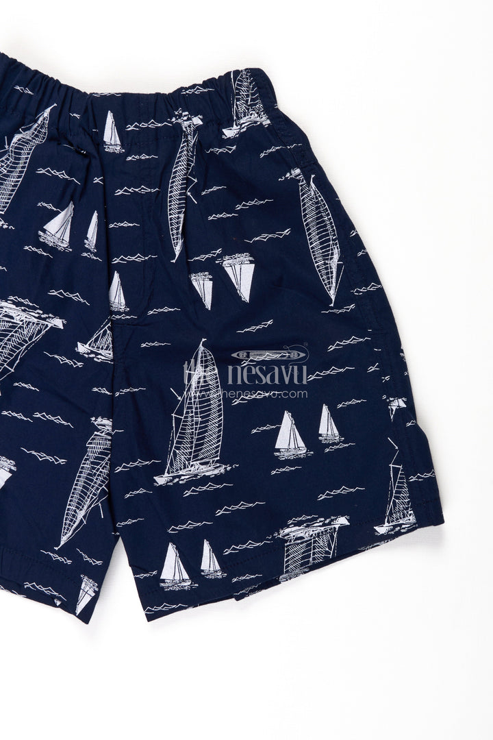 The Nesavu Boys Shorts Boys Cotton Dark Blue Shorts with White Sailboat Print and Stretch Waist for Breezy Comfort Nesavu Nesavu Boys Dark Blue Cotton Shorts Sailboat Print Relaxed Fit All Day Comfort