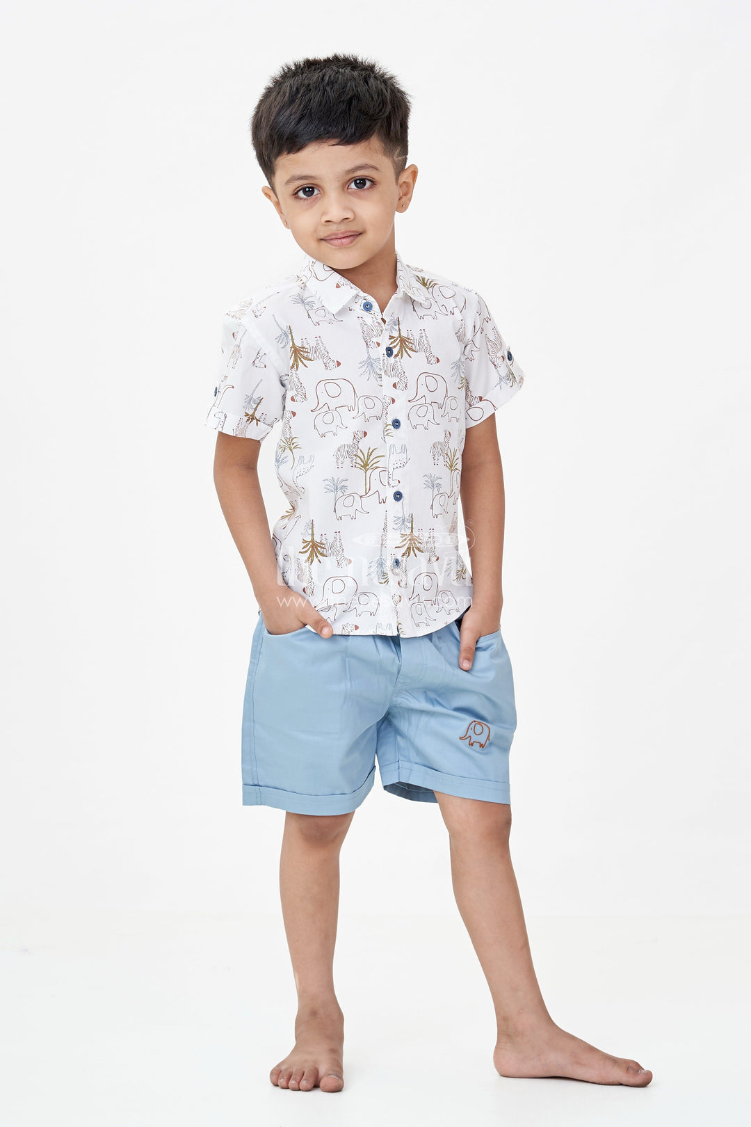 The Nesavu Boys Casual Set Boys Cotton Designer Casual Wear Set with Animal Digital Print Shirt and Blue Shorts Nesavu 14 (6M) / Blue BCS247B-14 Boys Designer Casual Wear Cotton Set Animal Print Shirt Blue Shorts | The Nesavu