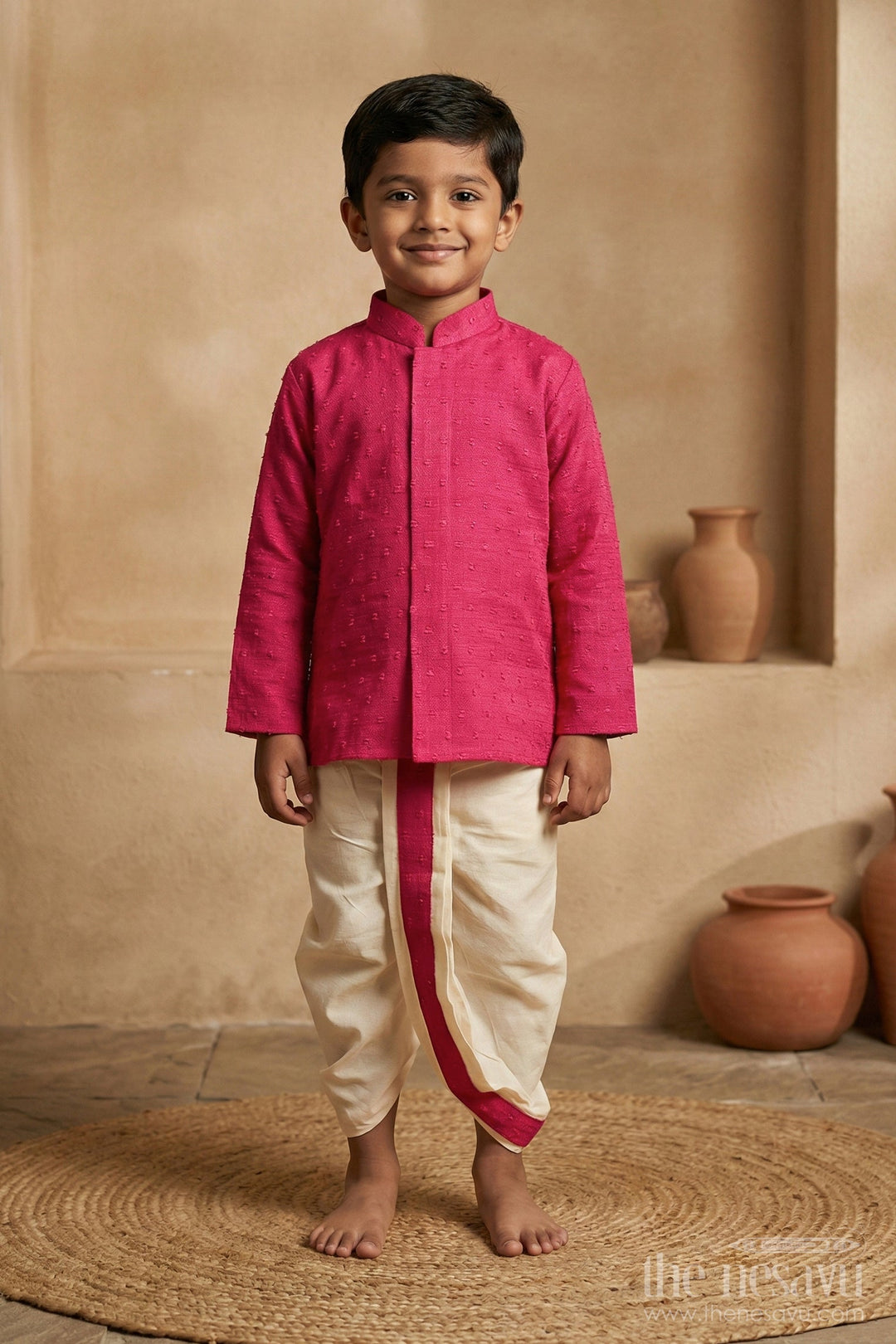 The Nesavu Boys Dothi Set Boys Cotton Dhoti Kurta Set for Temple Visits and Festive Rituals Nesavu 16 (1Y) / Pink BES768A-16 Nesavu boys cotton dhoti kurta set traditional ceremonies cultural celebrations