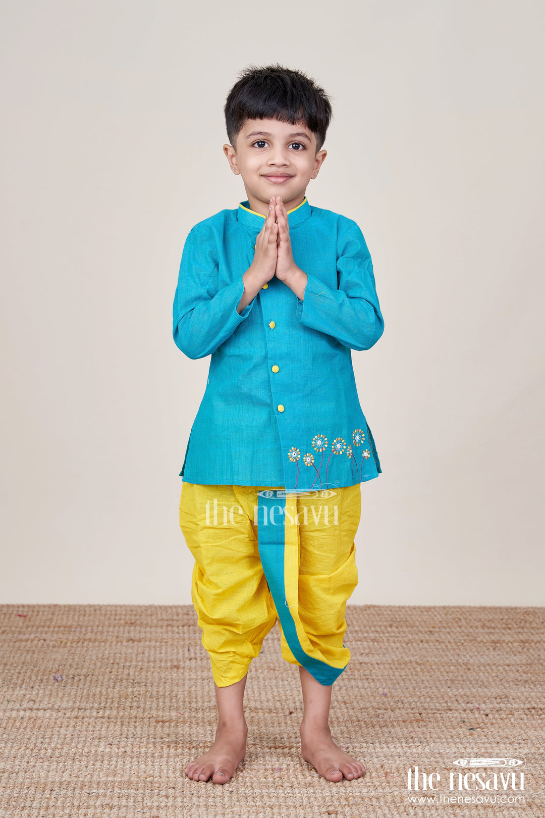 The Nesavu Boys Dothi Set Boys Cotton Dhoti Kurta Set with Embroidery for Cultural School Celebrations Nesavu 14 (6M) / Blue BES897A-14 Nesavu boys cotton embroidered dhoti set school ethnic day festive family occasions