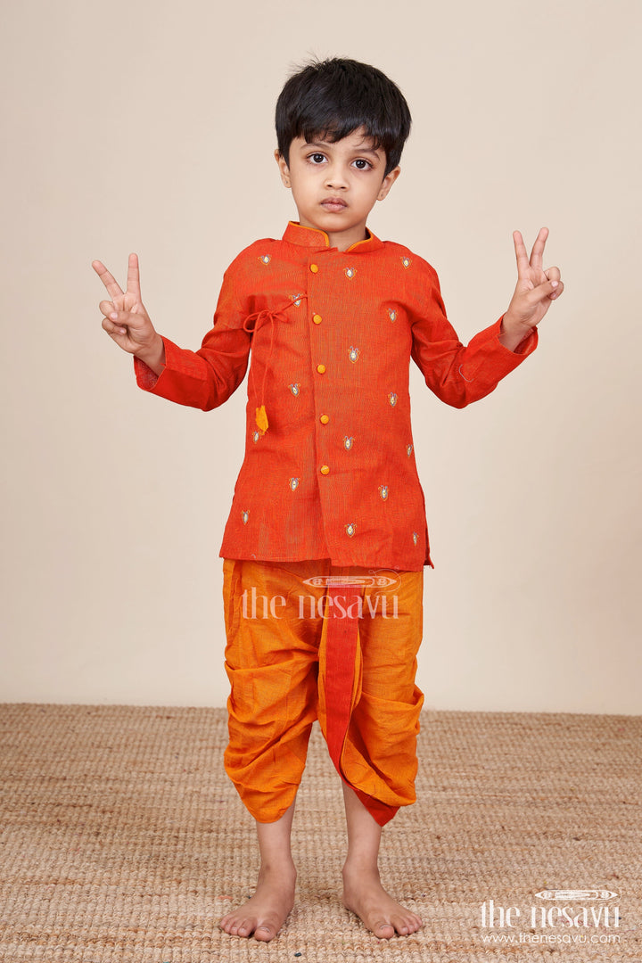The Nesavu Boys Dothi Set Boys Cotton Dhoti Kurta Set with Embroidery for Festivals and Ethnic Day Nesavu 14 (6M) / Red BES896B-14 Nesavu boys cotton embroidered dhoti kurta set Diwali ethnic day festive school events