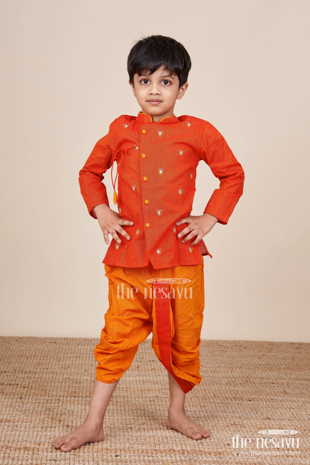 The Nesavu Boys Dothi Set Boys Cotton Dhoti Kurta Set with Embroidery for Festivals and Ethnic Day Nesavu Nesavu boys cotton embroidered dhoti kurta set Diwali ethnic day festive school events