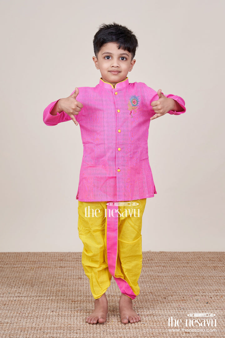 The Nesavu Boys Dothi Set Boys Cotton Dhoti Set for Temple Visits and Family Functions Nesavu 14 (6M) / Pink BES893A-14 Nesavu boys cotton dhoti kurta set temples pujas festive traditional dressing