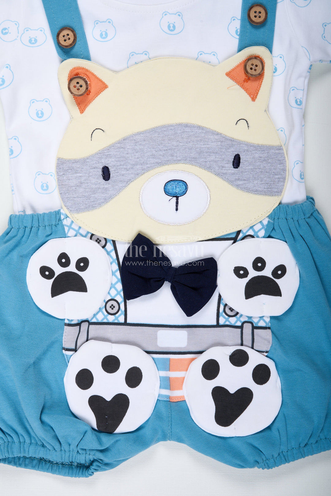 The Nesavu Boys Casual Set Boys Cotton Digital Print Set with Blue Overalls and Bear Motif for Casual Everyday Outings Nesavu Nesavu Boys Digital Print Set Blue Overalls Cotton Animal Print Comfortable Daily Wear