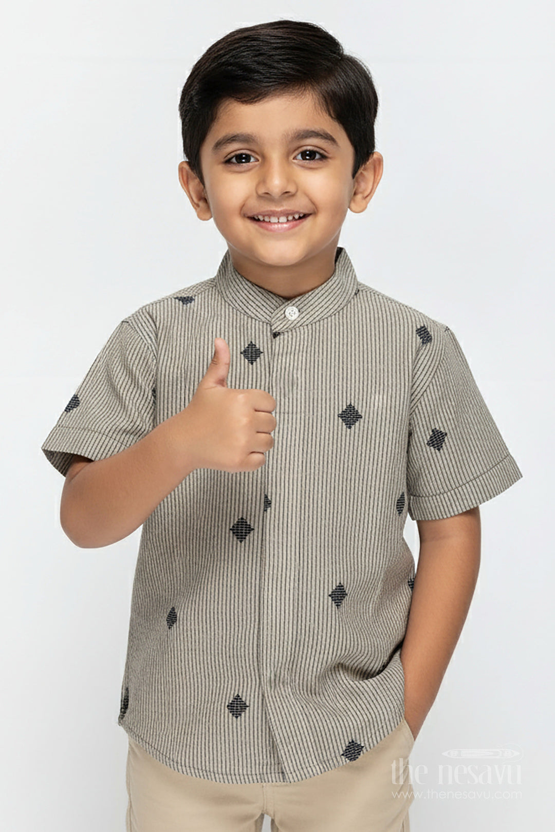 The Nesavu Boys Cotton Shirt Boys Cotton Dobby Shirt with Woven Embroidery for Traditional Dressing Nesavu 16 (1Y) / Green BS308B-16 Nesavu Boys Olive Cotton Dobby Shirt Embroidered Motifs Ethnic Casual Shirt Kids