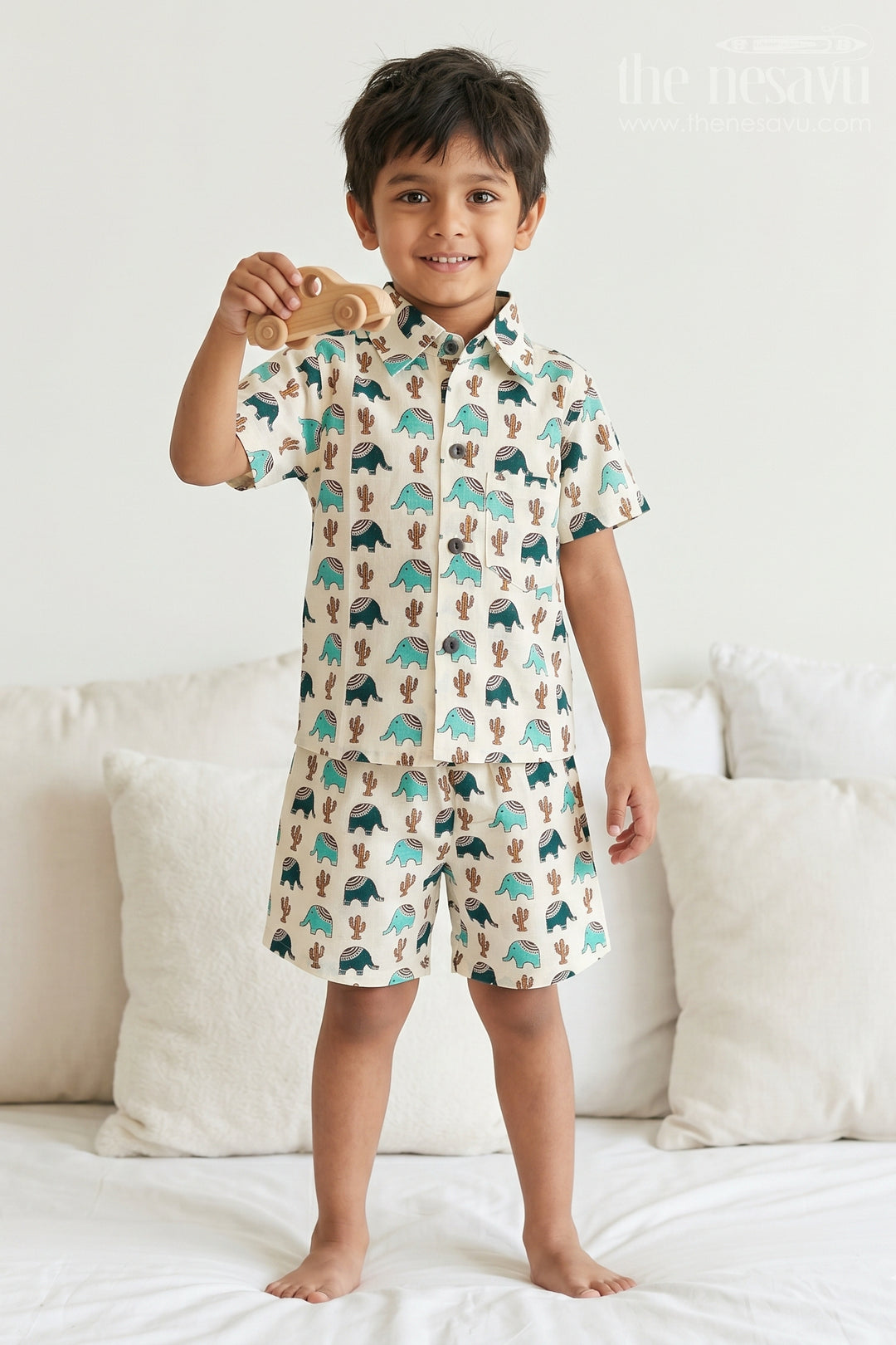The Nesavu Boys Casual Set Boys Cotton Dress Set for Summer Outings and Playtime Nesavu 16 (1Y) / Yellow / Cotton BCS610A-16 Nesavu Boys Cotton Co Ord Set For Summer Outings With Digital Print Shirt And Shorts Casual Wear