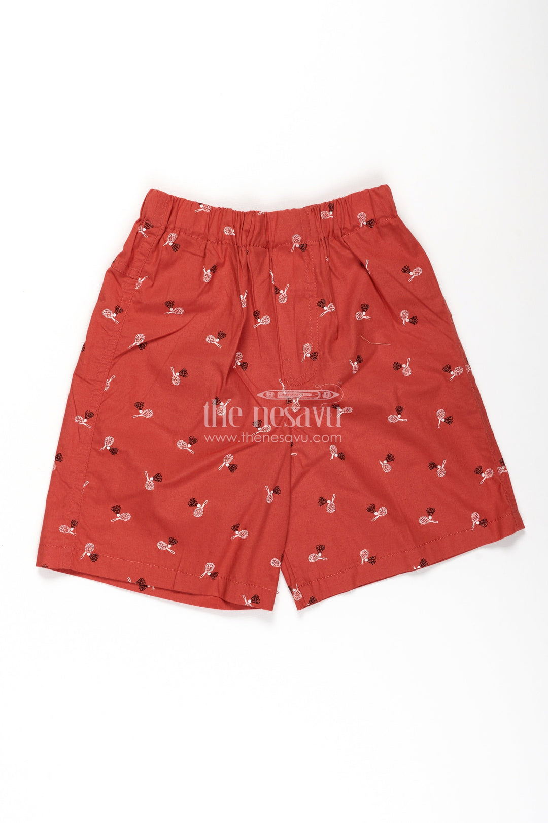 The Nesavu Boys Shorts Boys Cotton Elastic Shorts in Red with Badminton Shuttle Print and Soft Comfortable Waistband Nesavu 18 (2Y) / Pink BWS035A-18 Nesavu Boys Red Cotton Elastic Shorts Shuttlecock Print Comfortable Soft Waist Fit