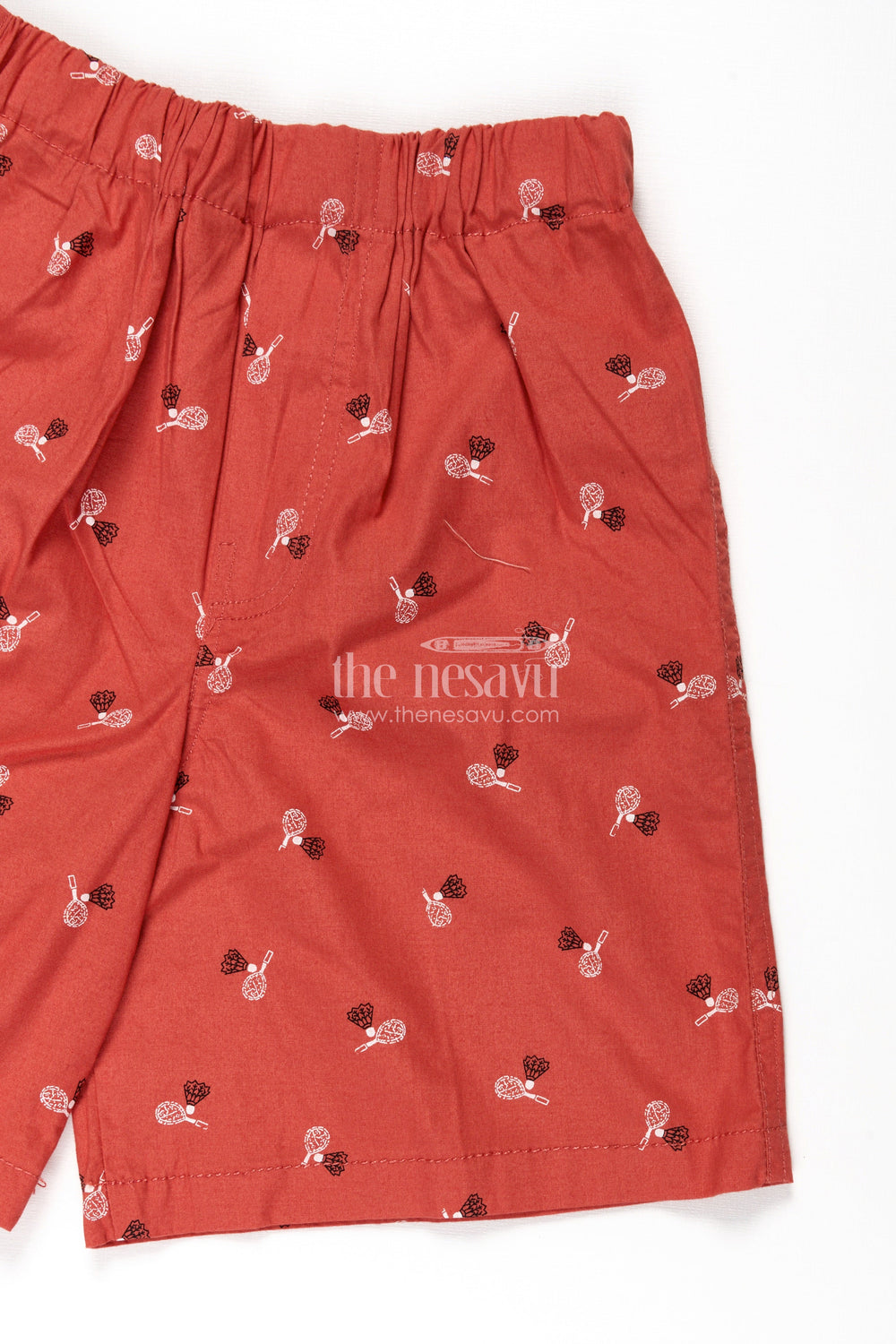 The Nesavu Boys Shorts Boys Cotton Elastic Shorts in Red with Badminton Shuttle Print and Soft Comfortable Waistband Nesavu Nesavu Boys Red Cotton Elastic Shorts Shuttlecock Print Comfortable Soft Waist Fit