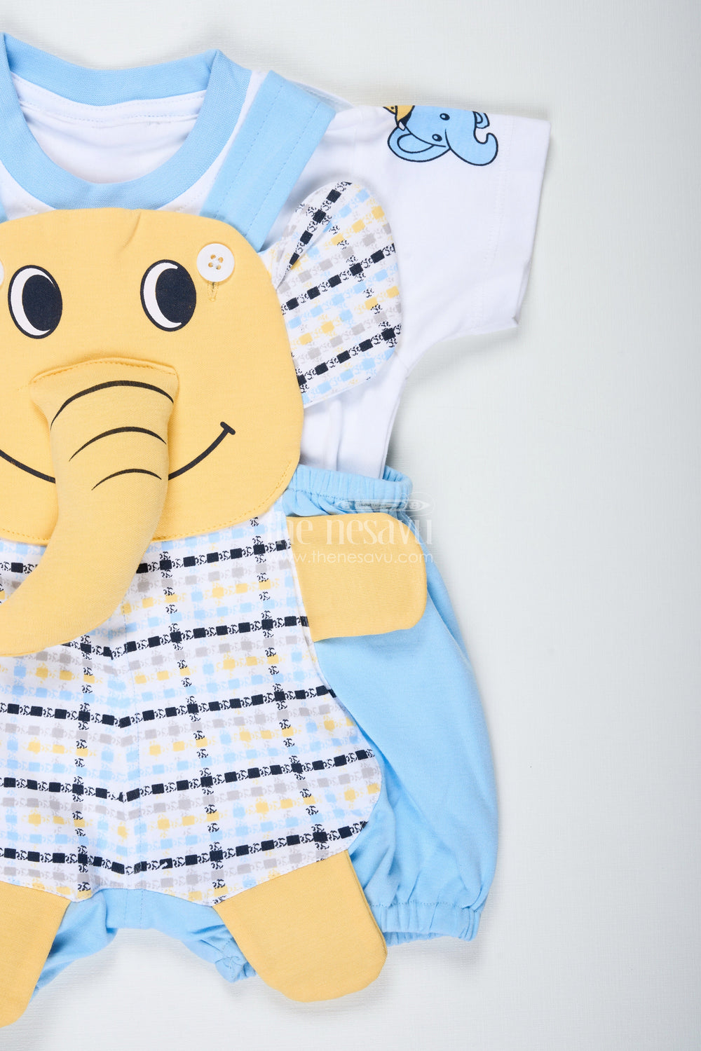 The Nesavu Boys Casual Set Boys Cotton Elephant Newbaby Outfit with Blue Checkered Overalls and Cute Character Applique Nesavu Nesavu Boys Cotton Blue Elephant Newbaby Outfit Checkered Overalls Soft Tee