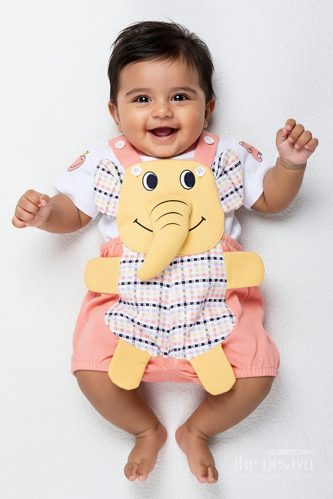 The Nesavu Boys Casual Set Boys Cotton Elephant Print Dres Set with Checkered Pattern and Soft Shorts for Playtime Comfort Nesavu 14 (6M) / Peach BCS280A-14 Nesavu Boys Cotton Checkered Elephant Print Dress Set Soft Overalls Casual Wear