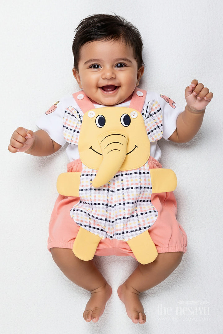 The Nesavu Boys Casual Set Boys Cotton Elephant Print Dres Set with Checkered Pattern and Soft Shorts for Playtime Comfort Nesavu 14 (6M) / Peach BCS280A-14 Nesavu Boys Cotton Checkered Elephant Print Dress Set Soft Overalls Casual Wear
