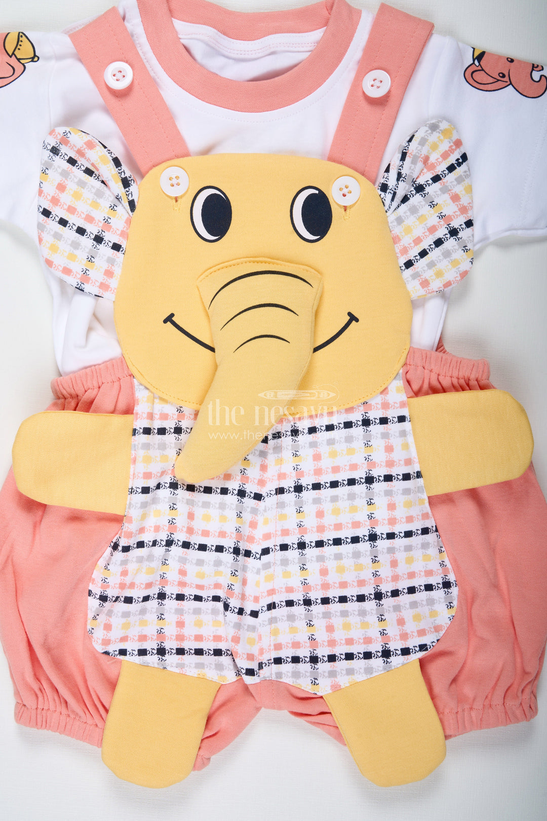 The Nesavu Boys Casual Set Boys Cotton Elephant Print Dres Set with Checkered Pattern and Soft Shorts for Playtime Comfort Nesavu Nesavu Boys Cotton Checkered Elephant Print Dress Set Soft Overalls Casual Wear