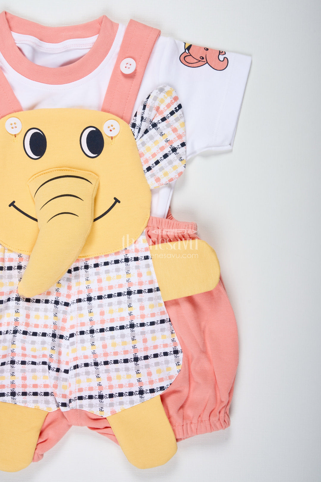 The Nesavu Boys Casual Set Boys Cotton Elephant Print Dres Set with Checkered Pattern and Soft Shorts for Playtime Comfort Nesavu Nesavu Boys Cotton Checkered Elephant Print Dress Set Soft Overalls Casual Wear
