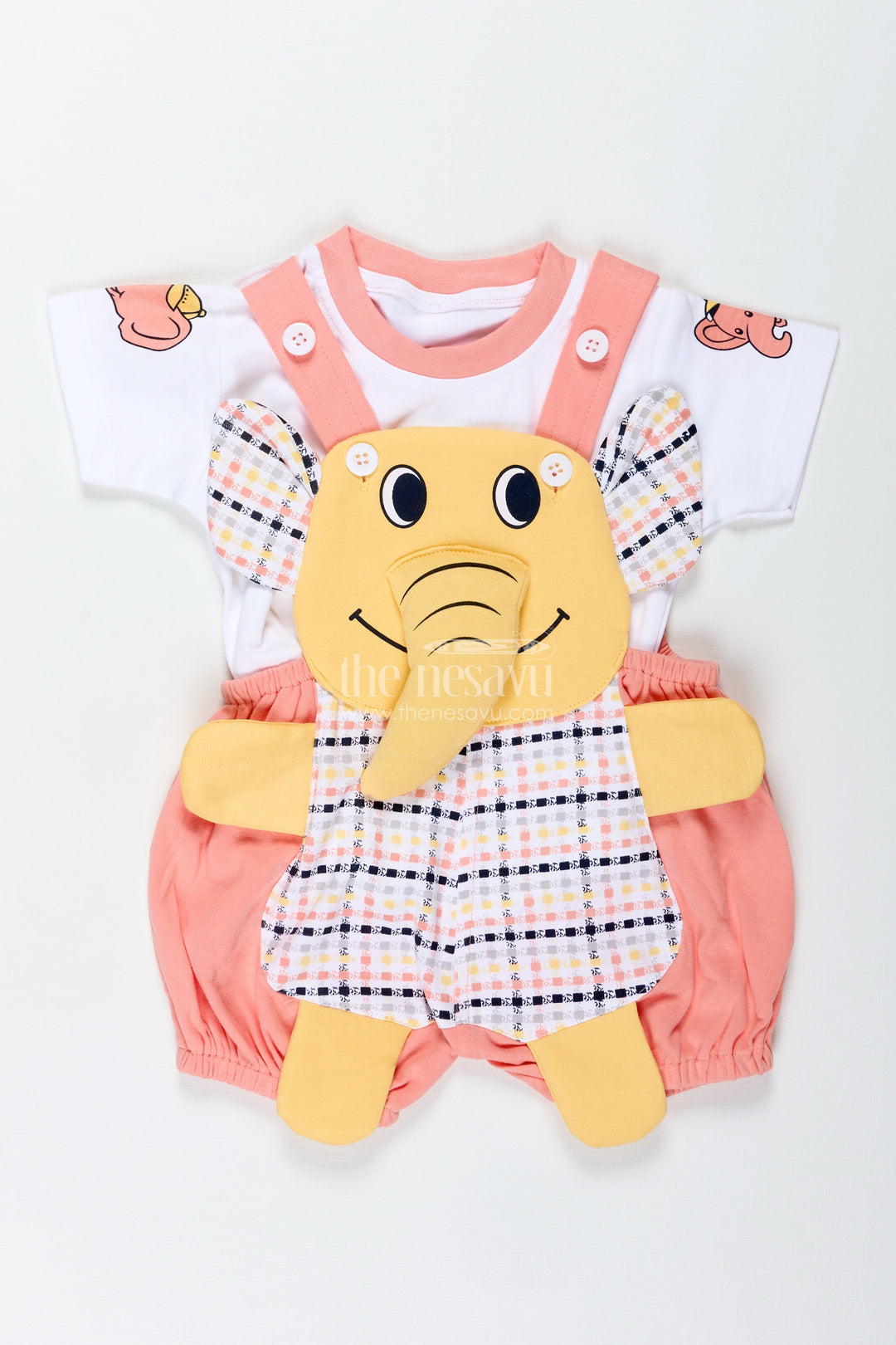 The Nesavu Boys Casual Set Boys Cotton Elephant Print Dres Set with Checkered Pattern and Soft Shorts for Playtime Comfort Nesavu Nesavu Boys Cotton Checkered Elephant Print Dress Set Soft Overalls Casual Wear