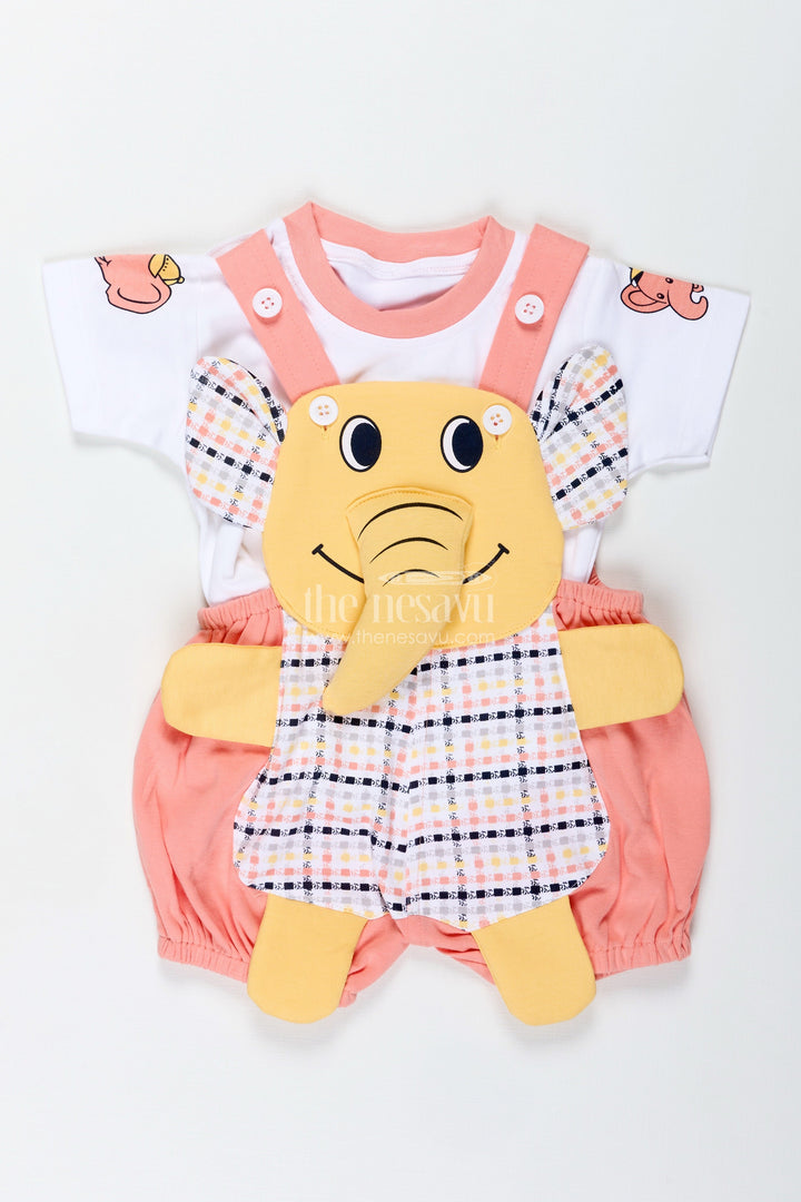 The Nesavu Boys Casual Set Boys Cotton Elephant Print Dres Set with Checkered Pattern and Soft Shorts for Playtime Comfort Nesavu Nesavu Boys Cotton Checkered Elephant Print Dress Set Soft Overalls Casual Wear
