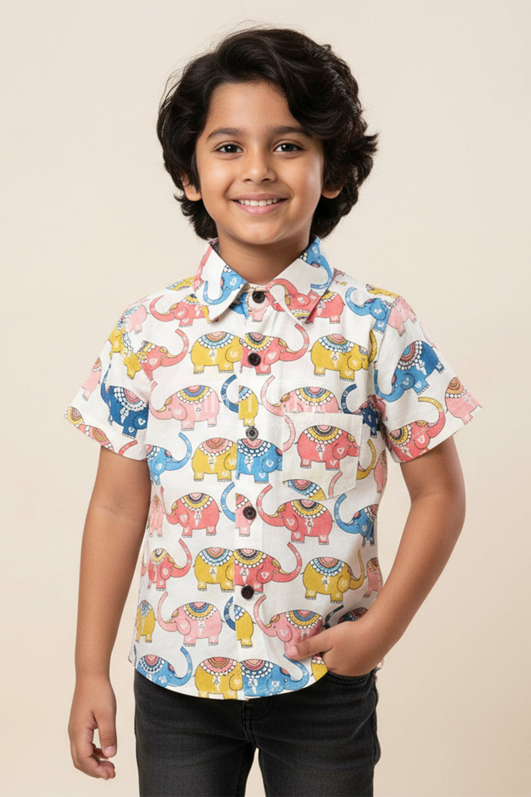 The Nesavu Boys Cotton Shirt Boys Cotton Elephant Print Shirt for Everyday Wear and Festive Fun Nesavu 20 (3Y) / Multicolor BS316A-20 Nesavu boys cotton shirt multicolor elephant print  perfect festive fun casual wear