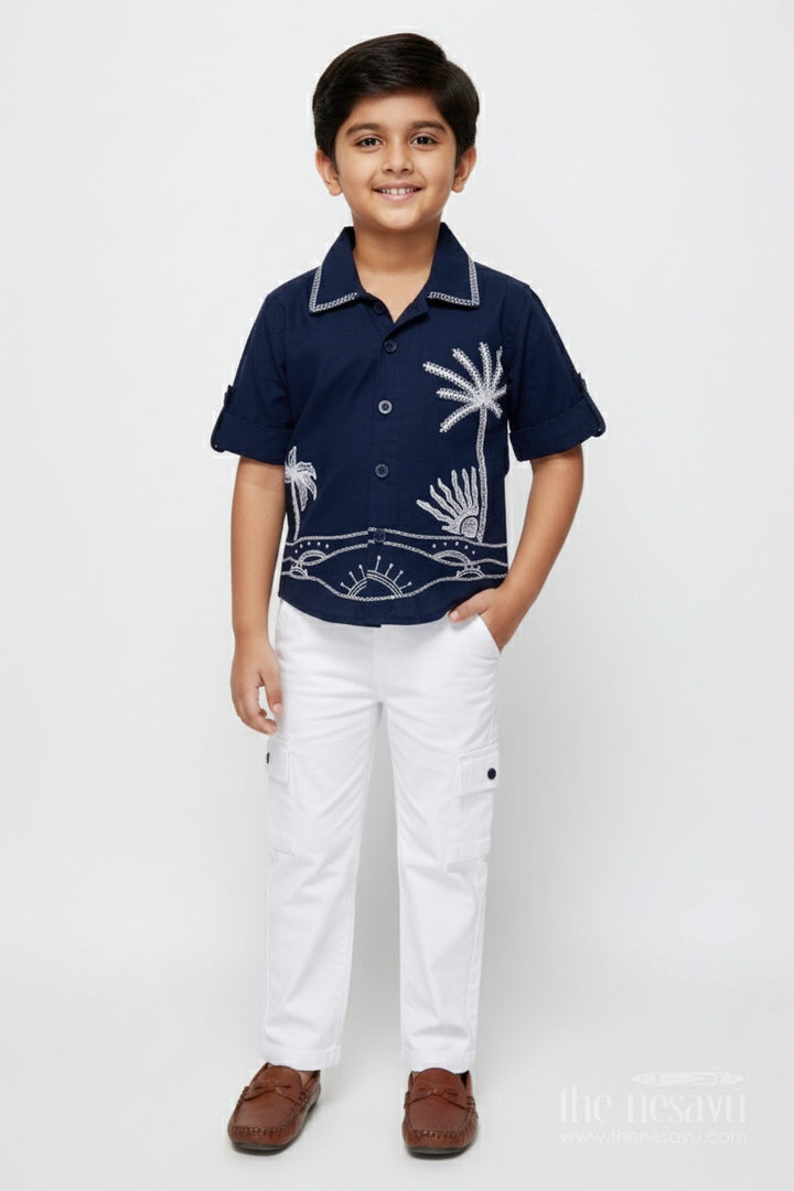 The Nesavu Boys Casual Set Boys Cotton Embroidered Shirt and Pant Set for Festive Functions Nesavu 16 (1Y) / Blue BCS476A-16 Nesavu boys cotton set embroidered navy shirt white pants festive family wear