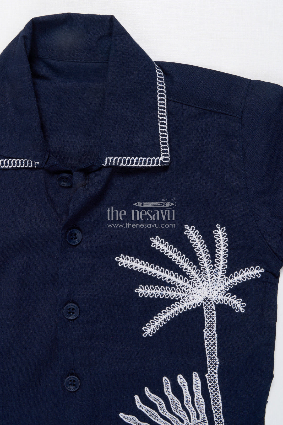 The Nesavu Boys Casual Set Boys Cotton Embroidered Shirt and Pant Set for Festive Functions Nesavu Nesavu boys cotton set embroidered navy shirt white pants festive family wear