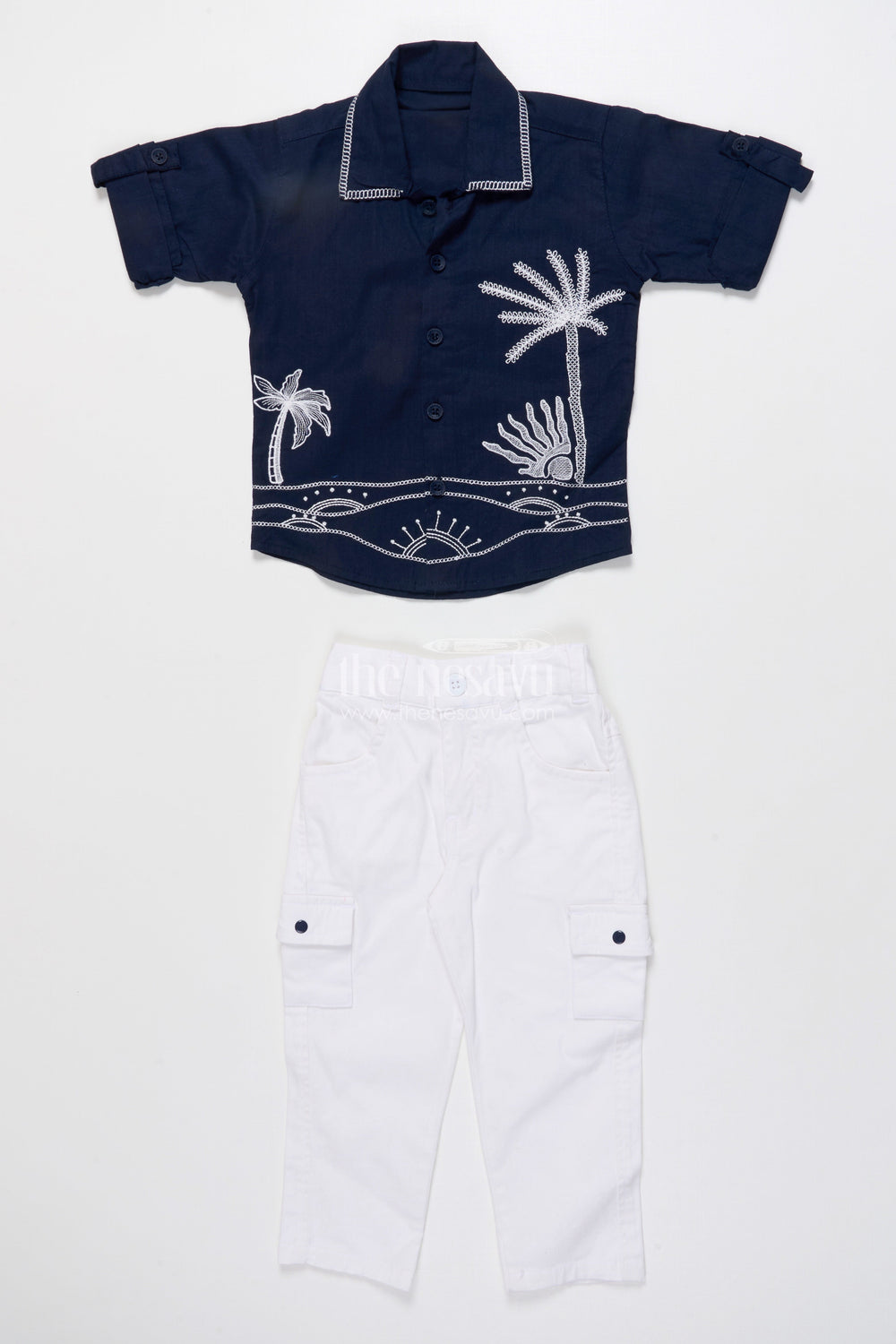 The Nesavu Boys Casual Set Boys Cotton Embroidered Shirt and Pant Set for Festive Functions Nesavu Nesavu boys cotton set embroidered navy shirt white pants festive family wear