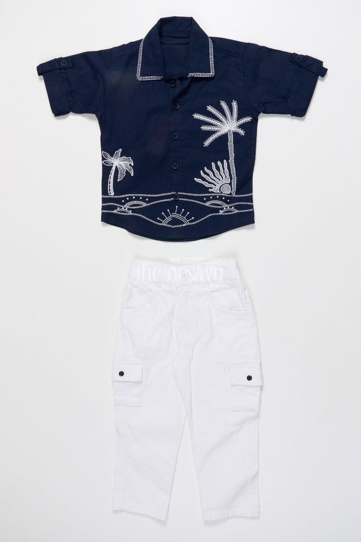 The Nesavu Boys Casual Set Boys Cotton Embroidered Shirt and Pant Set for Festive Functions Nesavu Nesavu boys cotton set embroidered navy shirt white pants festive family wear