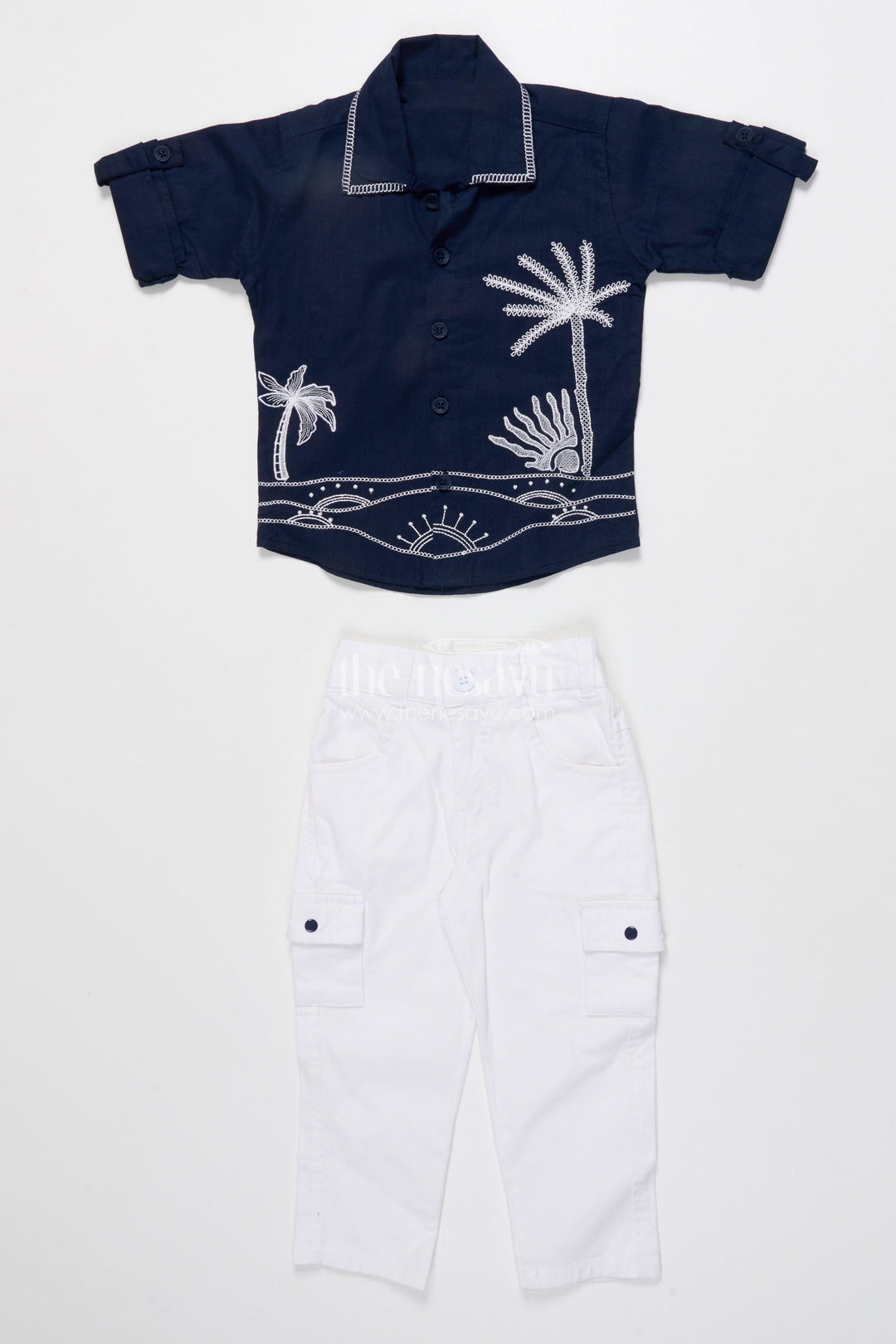 The Nesavu Boys Casual Set Boys Cotton Embroidered Shirt and Pant Set for Festive Functions Nesavu Nesavu boys cotton set embroidered navy shirt white pants festive family wear