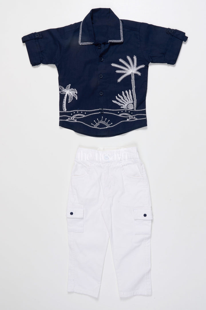The Nesavu Boys Casual Set Boys Cotton Embroidered Shirt and Pant Set for Festive Functions Nesavu Nesavu boys cotton set embroidered navy shirt white pants festive family wear