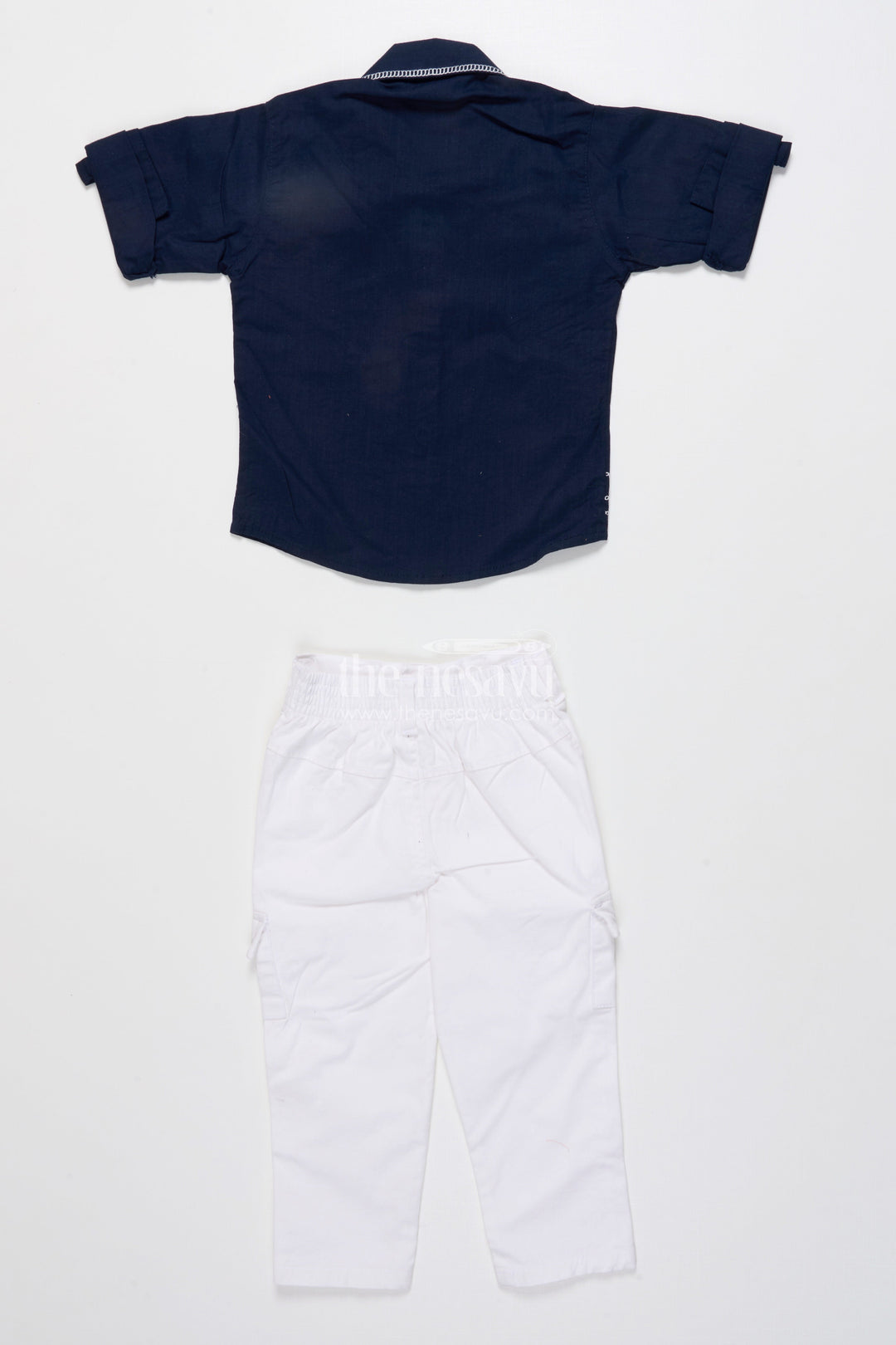 The Nesavu Boys Casual Set Boys Cotton Embroidered Shirt and Pant Set for Festive Functions Nesavu Nesavu boys cotton set embroidered navy shirt white pants festive family wear