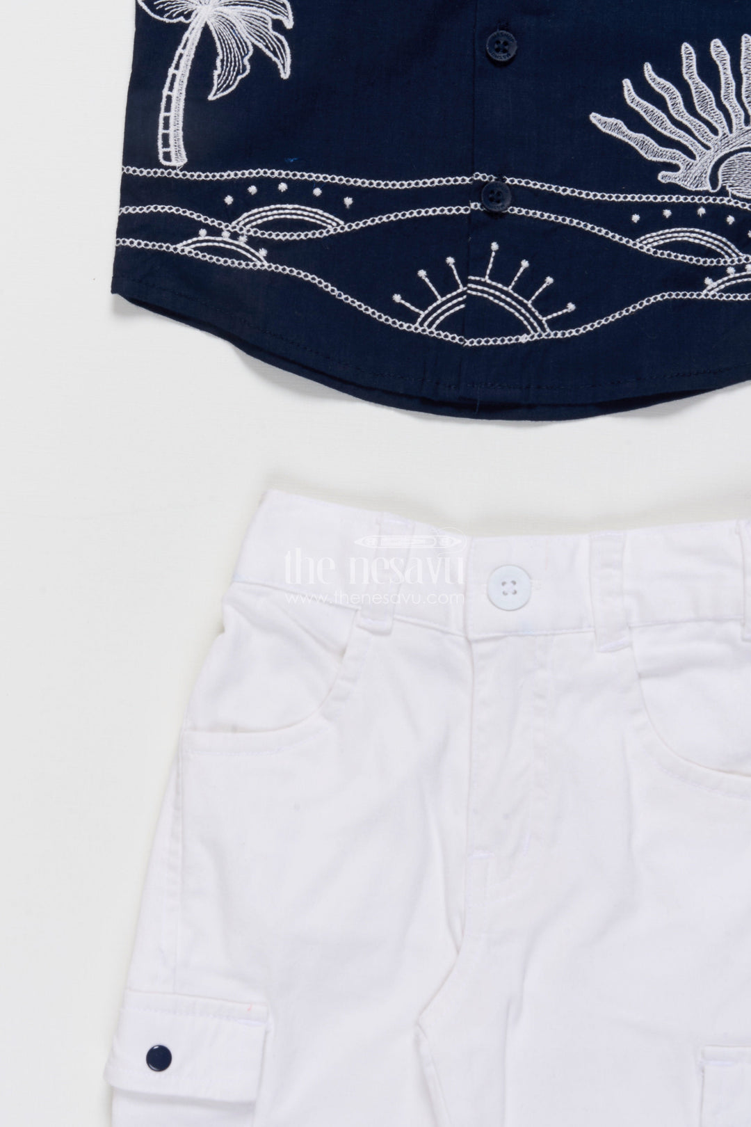 The Nesavu Boys Casual Set Boys Cotton Embroidered Shirt and Pant Set for Festive Functions Nesavu Nesavu boys cotton set embroidered navy shirt white pants festive family wear