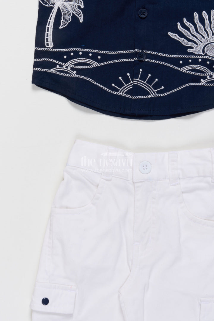 The Nesavu Boys Casual Set Boys Cotton Embroidered Shirt and Pant Set for Festive Functions Nesavu Nesavu boys cotton set embroidered navy shirt white pants festive family wear