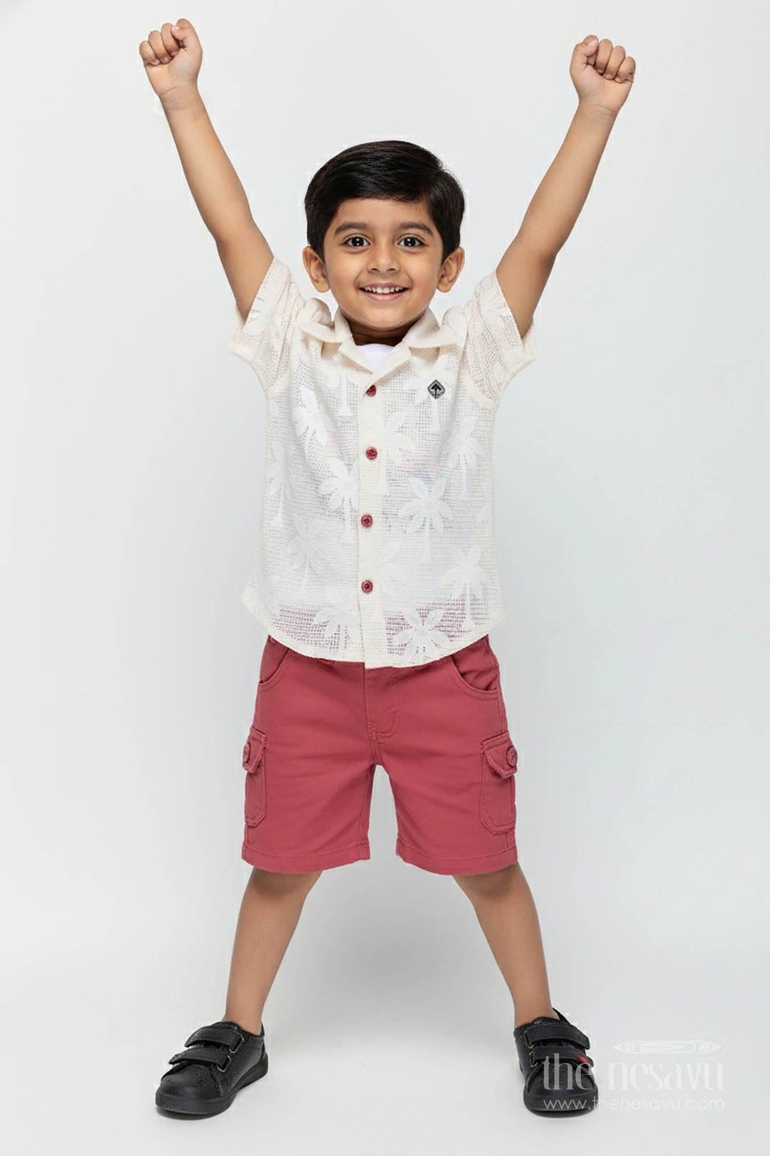 The Nesavu Boys Casual Set Boys Cotton Embroidered Shorts and T Shirt Set in Off White and Pink for Trendy Everyday Outfits Nesavu 14 (6M) / Orange BCS275A-14 Nesavu Boys Casual Off White Shirt Graphic Tee Pink Shorts shorts t shirt set Combo