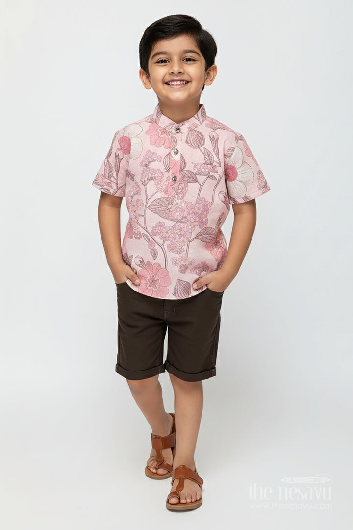 The Nesavu Boys Casual Set Boys Cotton Floral Shirt and Shorts Set for Casual Wear Nesavu 14 (6M) / Cream BCS410B-14 Nesavu boys cotton floral shirt shorts set casual summer days park play