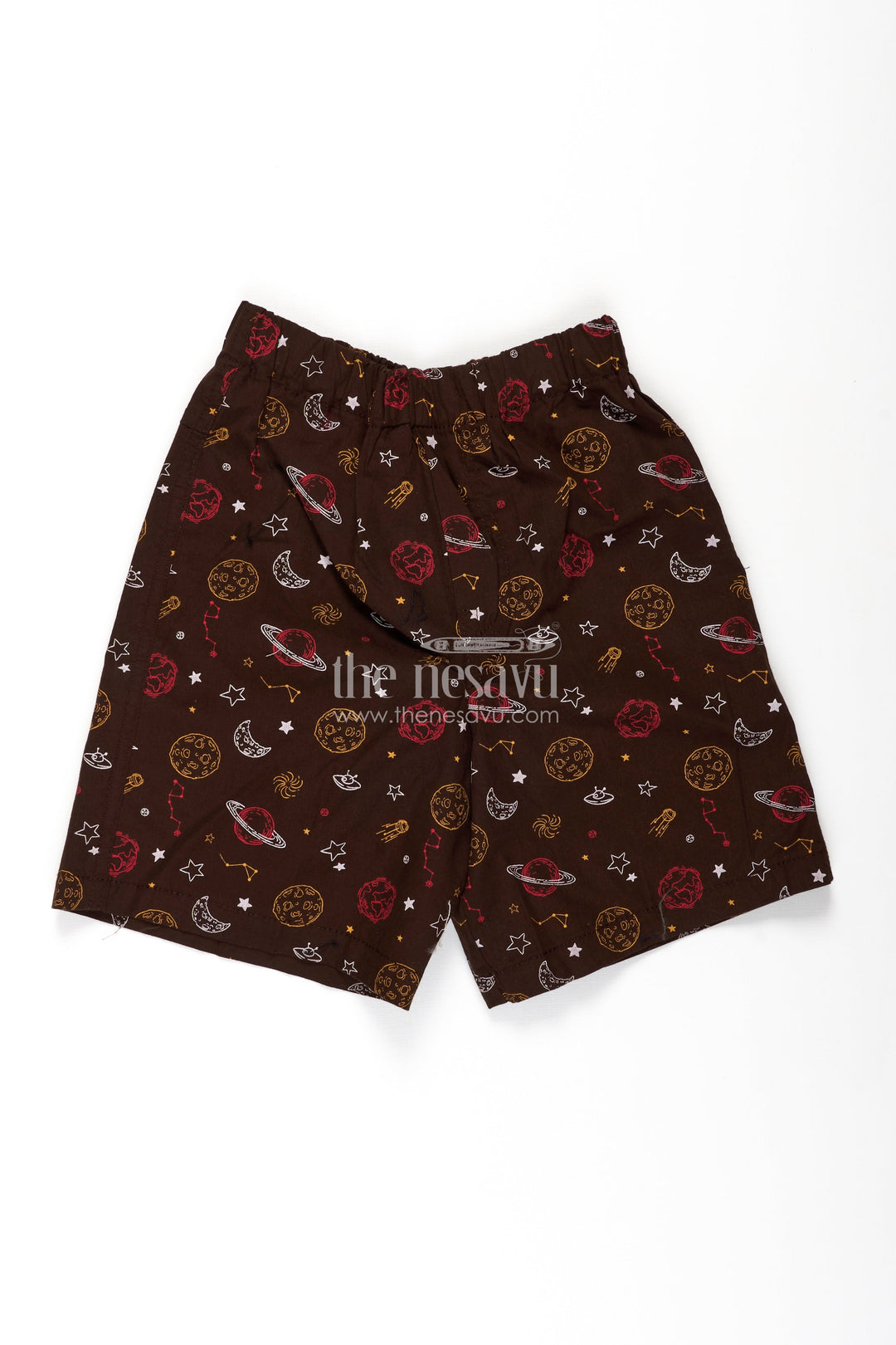 The Nesavu Boys Shorts Boys Cotton Football Shorts in Brown with Outer Space Print and Soft Comfortable Fit Nesavu 18 (2Y) / Brown BWS030A-18 Nesavu Boys Brown Cotton Football Shorts Space Print Comfortable Daily Wear Fit