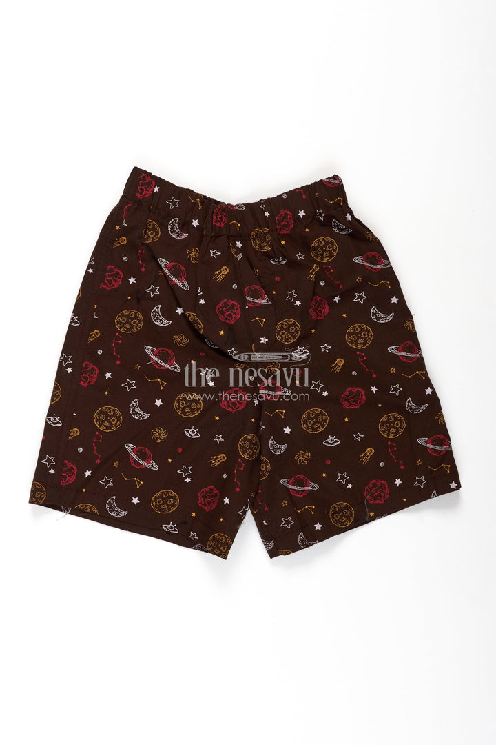 The Nesavu Boys Shorts Boys Cotton Football Shorts in Brown with Outer Space Print and Soft Comfortable Fit Nesavu 18 (2Y) / Brown BWS030A-18 Nesavu Boys Brown Cotton Football Shorts Space Print Comfortable Daily Wear Fit
