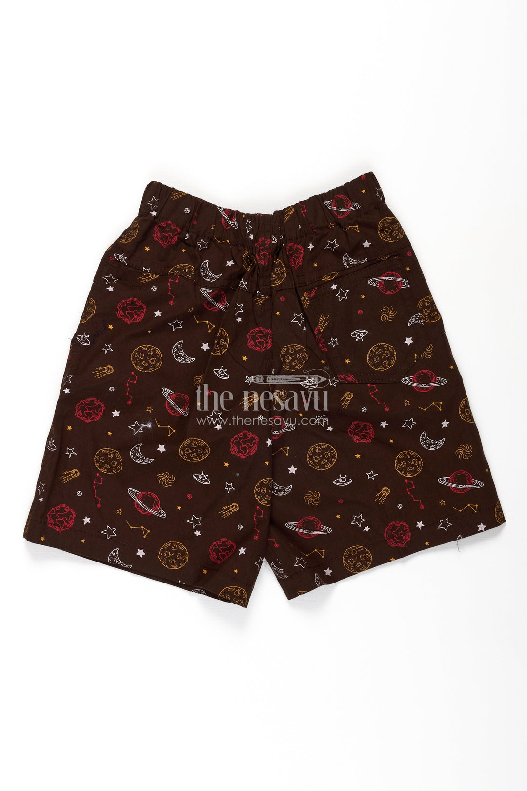 The Nesavu Boys Shorts Boys Cotton Football Shorts in Brown with Outer Space Print and Soft Comfortable Fit Nesavu Nesavu Boys Brown Cotton Football Shorts Space Print Comfortable Daily Wear Fit