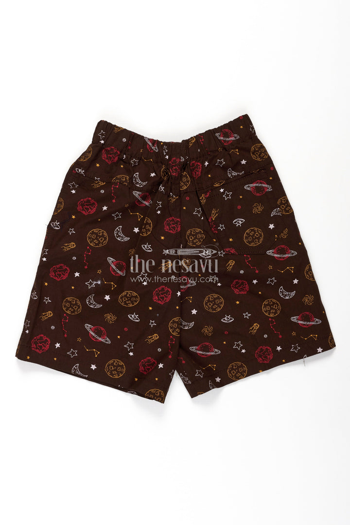 The Nesavu Boys Shorts Boys Cotton Football Shorts in Brown with Outer Space Print and Soft Comfortable Fit Nesavu Nesavu Boys Brown Cotton Football Shorts Space Print Comfortable Daily Wear Fit