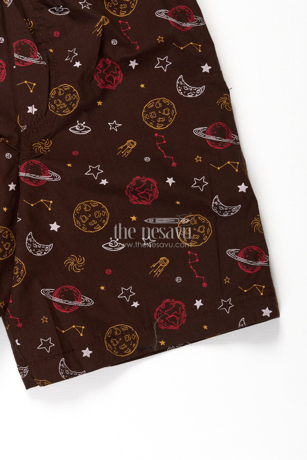 The Nesavu Boys Shorts Boys Cotton Football Shorts in Brown with Outer Space Print and Soft Comfortable Fit Nesavu Nesavu Boys Brown Cotton Football Shorts Space Print Comfortable Daily Wear Fit