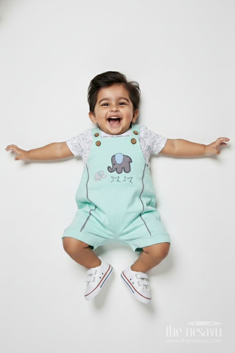 The Nesavu Boys Casual Set Boys Cotton Green Casual Outfits with Elephant Embroidery and Printed T Shirt for Relaxed Daily Wear Nesavu 14 (6M) / Green BCS314B-14 Nesavu Boys Green Casual Cotton Outfits Elephant Embroidery Playful Dungaree Look