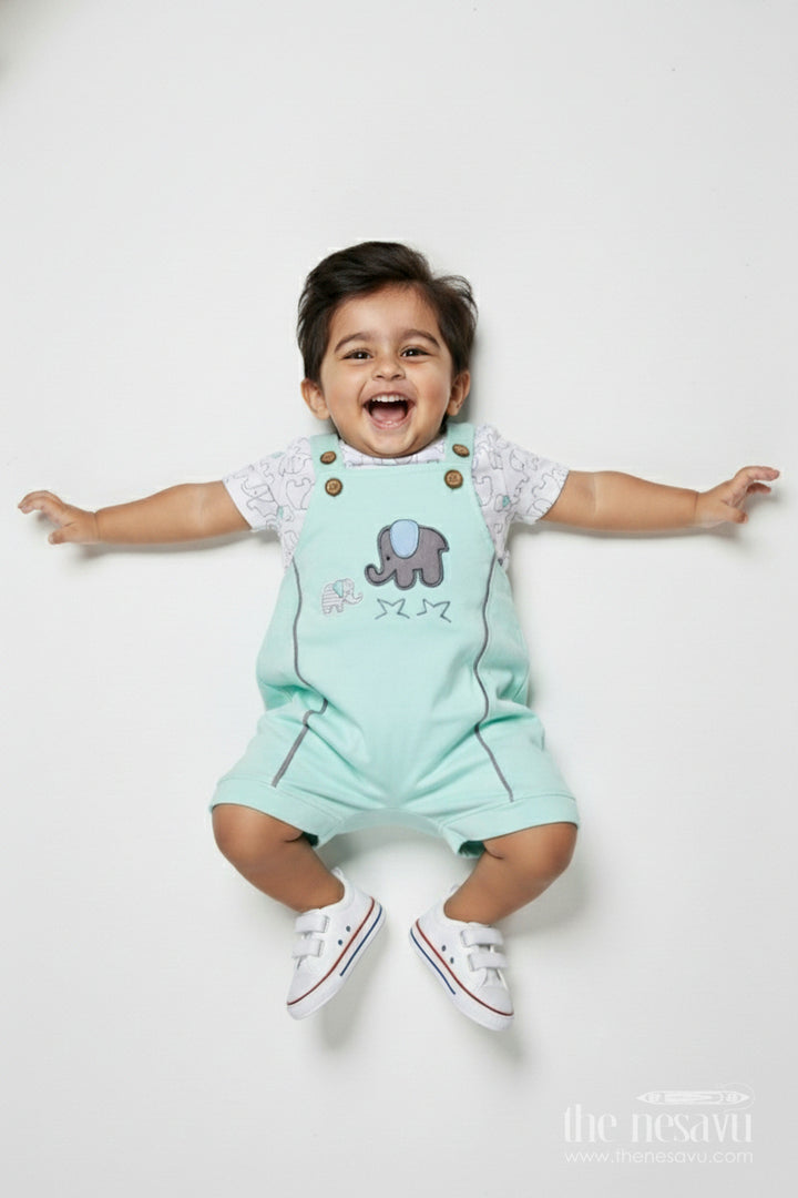 The Nesavu Boys Casual Set Boys Cotton Green Casual Outfits with Elephant Embroidery and Printed T Shirt for Relaxed Daily Wear Nesavu 14 (6M) / Green BCS314B-14 Nesavu Boys Green Casual Cotton Outfits Elephant Embroidery Playful Dungaree Look